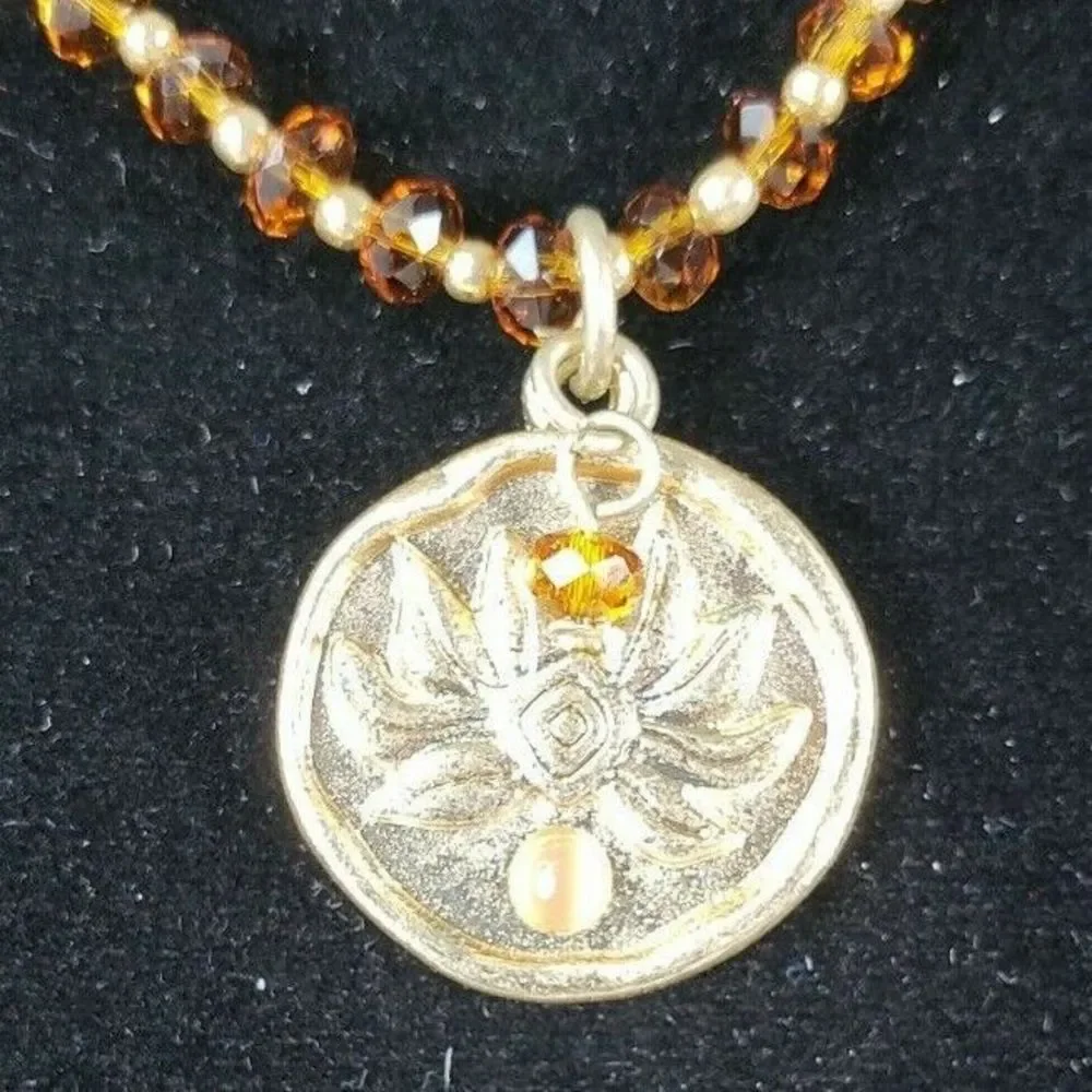 Coldwater Creek Necklace Yellow & Gold Tone Beaded Stamped Floral Pendant 19